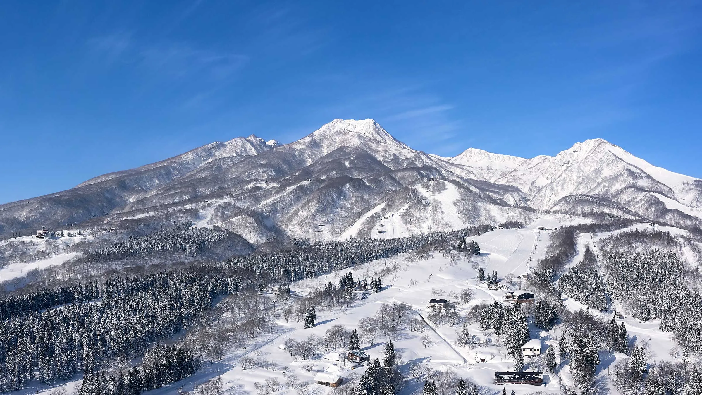 Panoramic winter view of snow-covered Mount Myoko rising above the alpine timberline